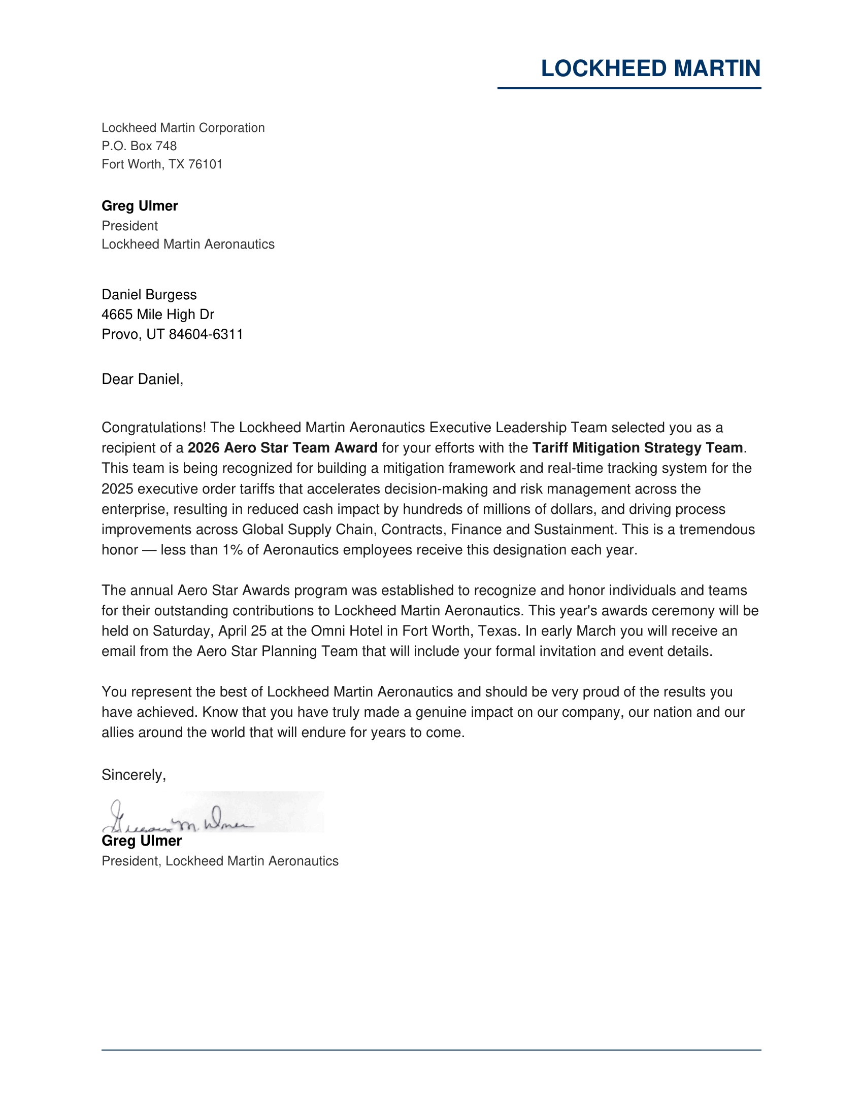 Aero Star Presidential Award Letter 2026
