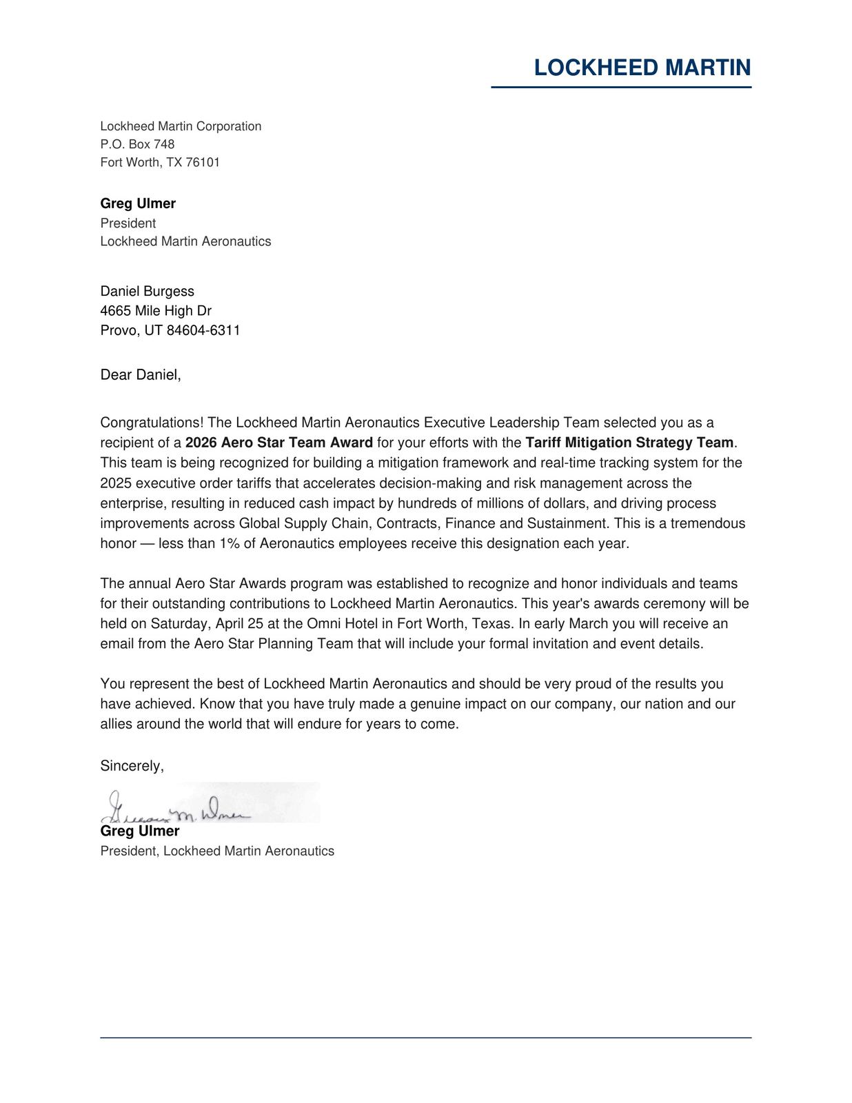 Aeronautics Top Team Award letter, 2026